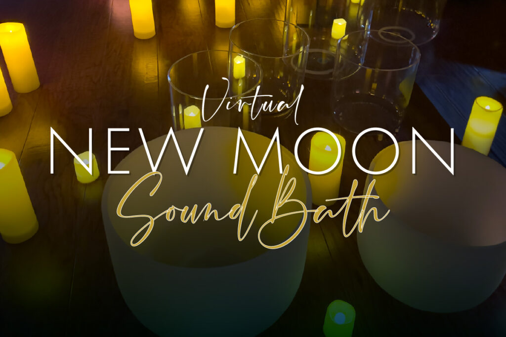 Image of crystal bowls and candles for the new moon virtual sound bath at GlassWing Medicine