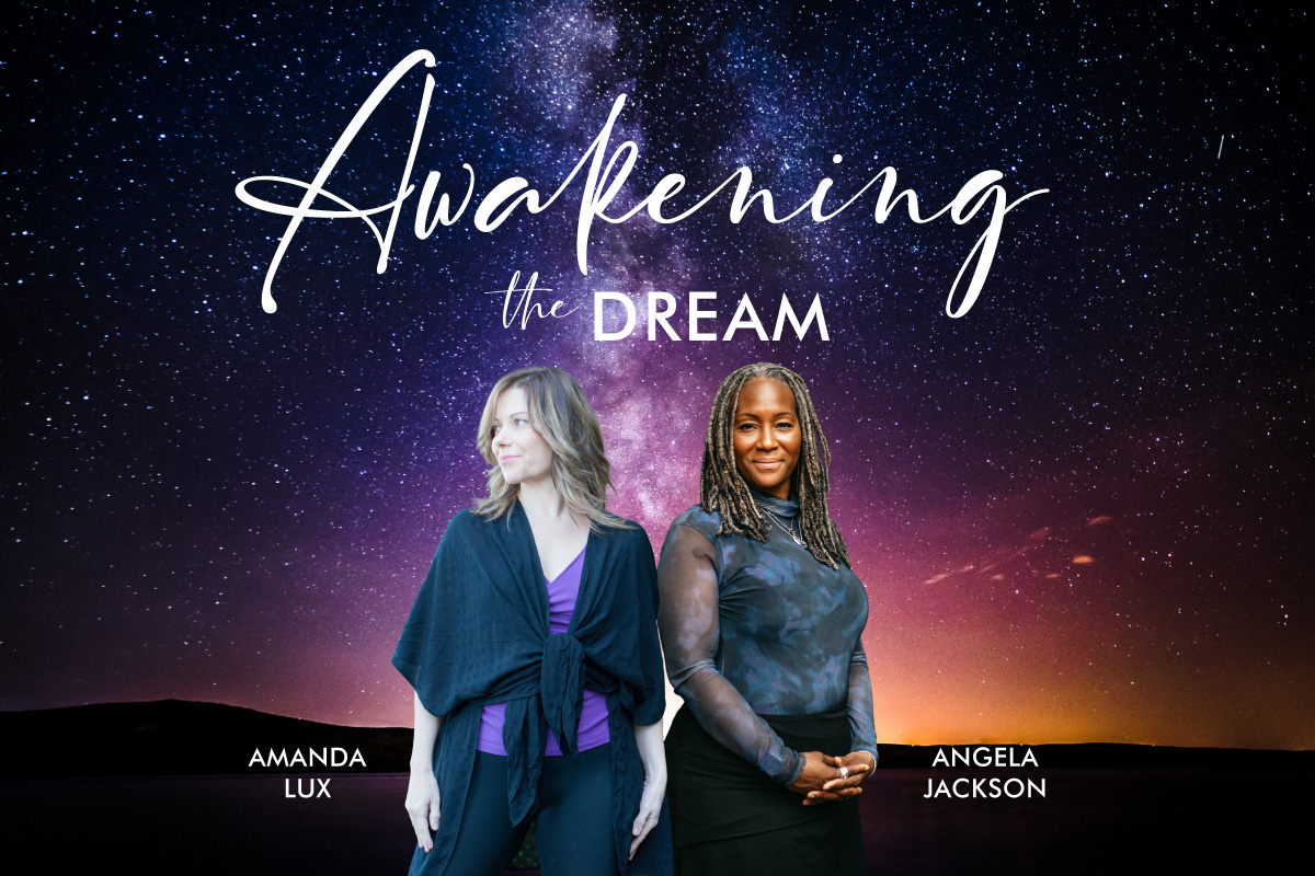 Amada Lux and Angela Jackson against a backgroup of a starry night sky with irridescent colors of blue and pink and shimmering water.