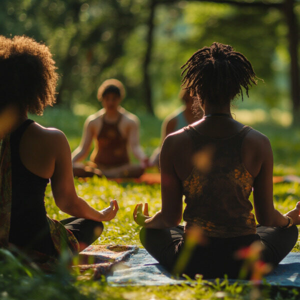 A Group of diverse people sitting in a field on grass.
