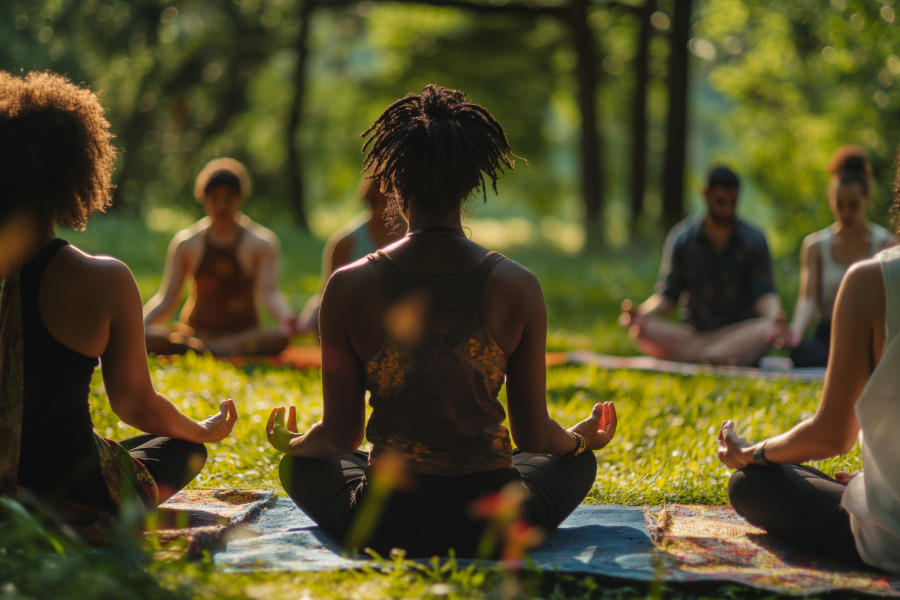 A Group of diverse people sitting in a field on grass.