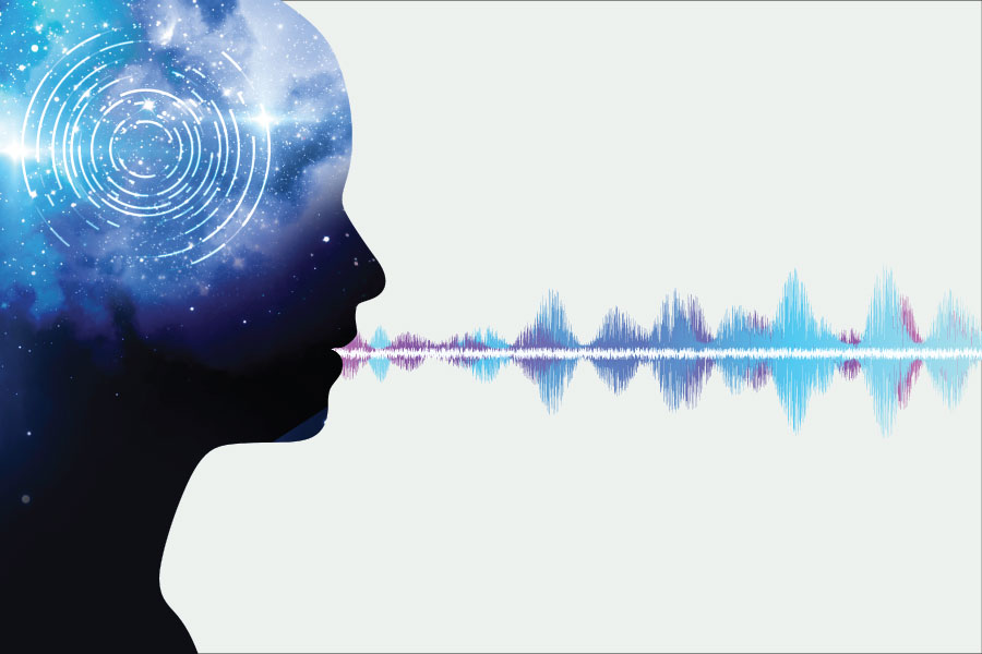 photo of a digital head with soundwaves coming out of the mouth