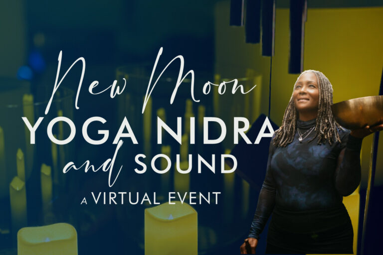 photo of angela at glasswing medicine holding a sound healing bowl agains a backdrop of crystal bowls, candles and chimes for the New Moon Yoga Nidra Virtual Event