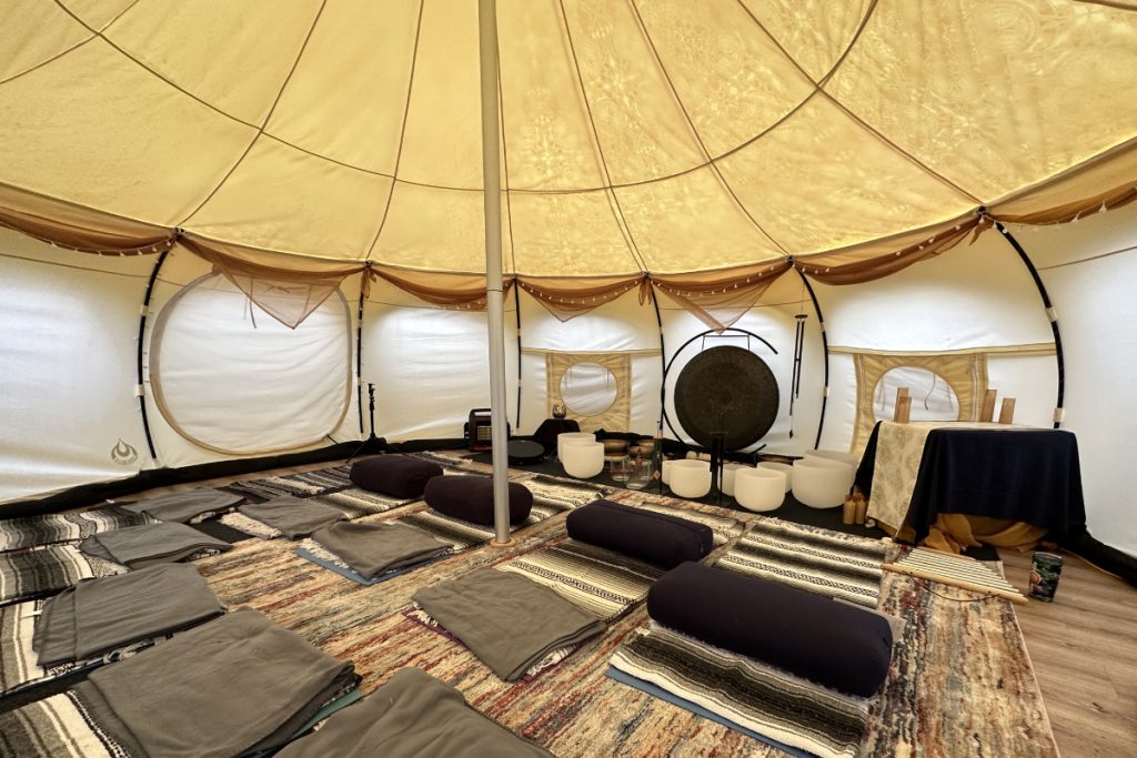 photo of a tent set up for a group sound bath in onalaska, wa GlassWing Medicine