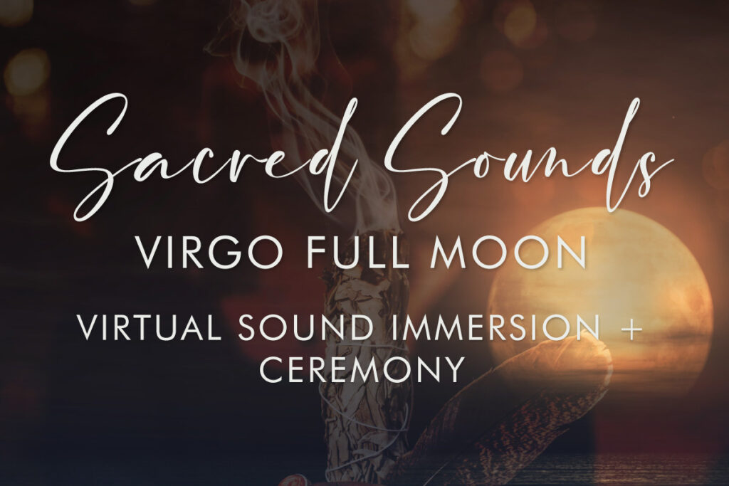 A photo of Angela from GlassWing in the background a black woman holding sage and a feather over a photo of the full moon over blue calm waters_Virtual Full Moon Sound Bath