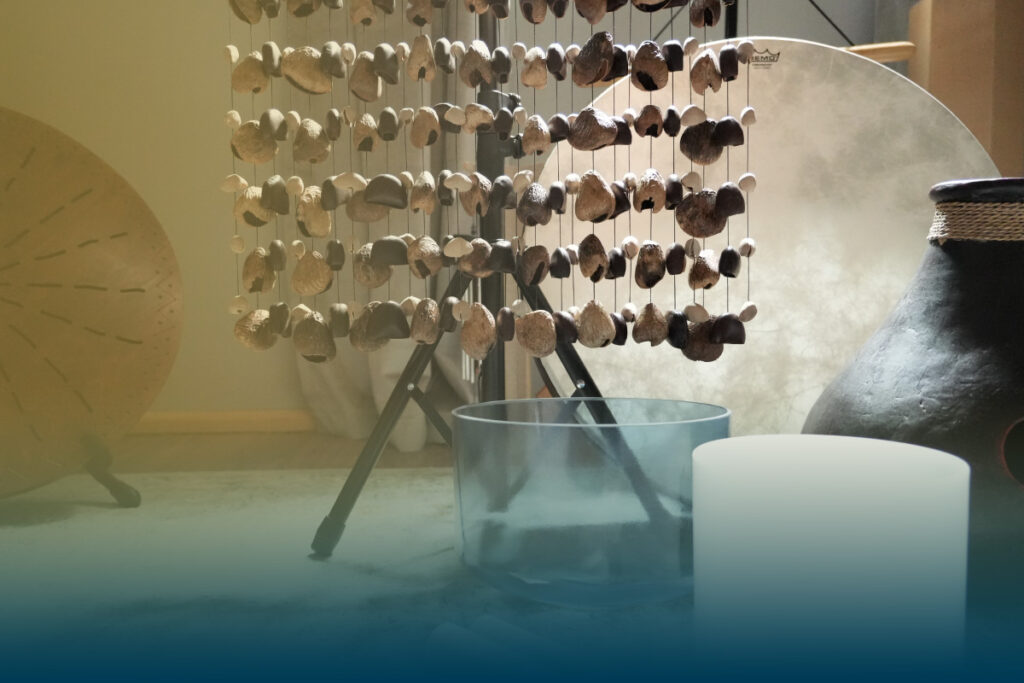 Image of percussion instruments with crystal bowls.